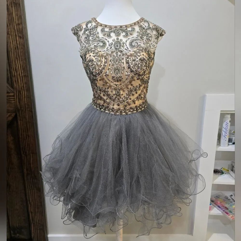 LETS Beaded Embellished Homecoming mini dress Gray and nude size small